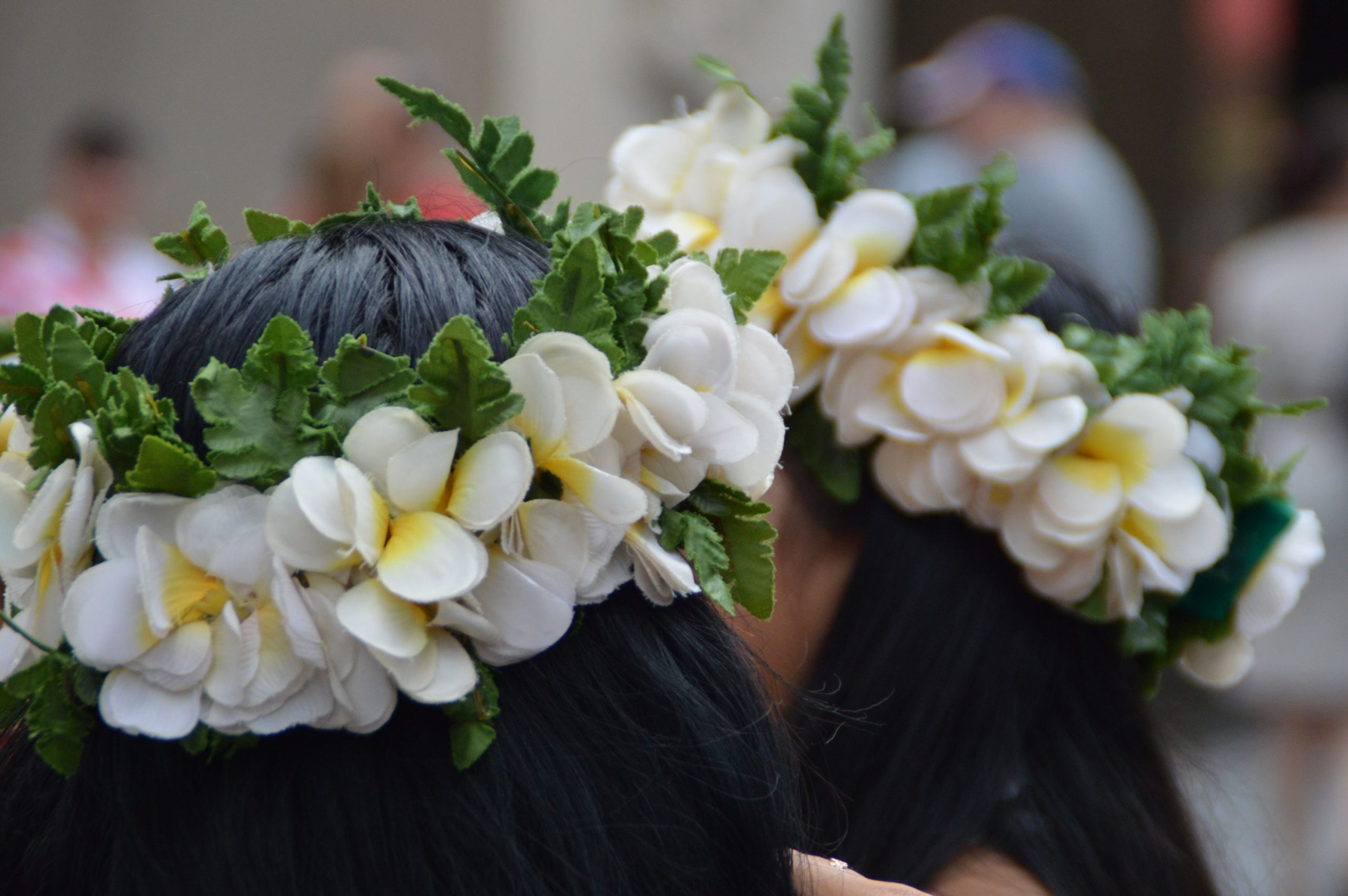 closeup of flower wreath on woman's head